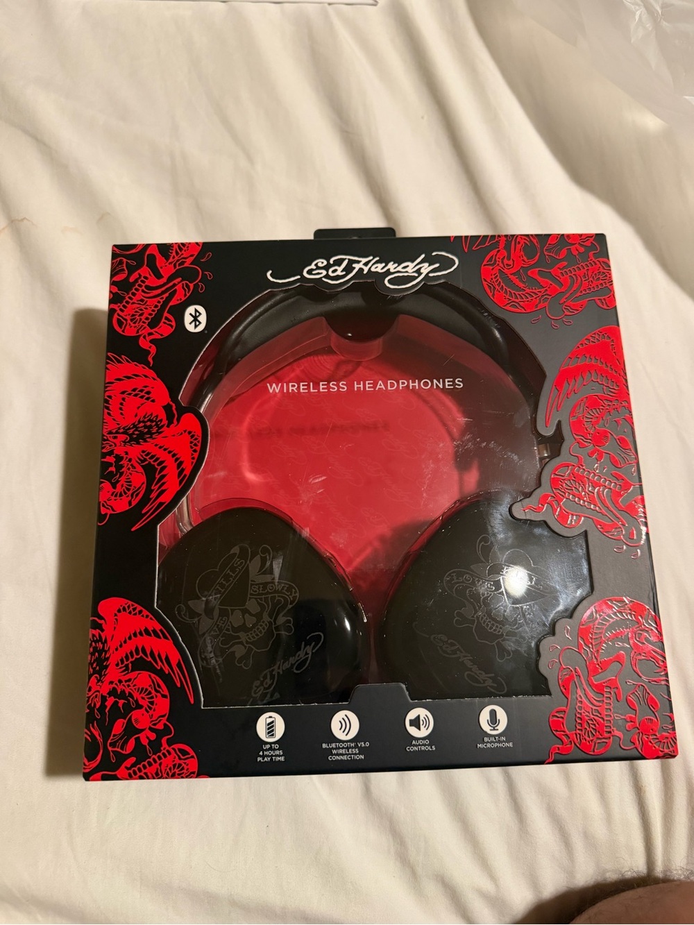 Ed Hardy Black and Red Wireless Headphones with Tattoo Graphics